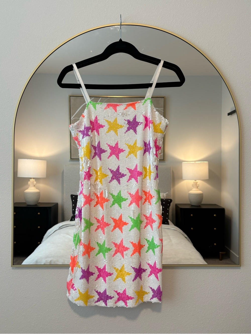 Banjul White Mini Dress with Multicolor Star Sequin Pattern